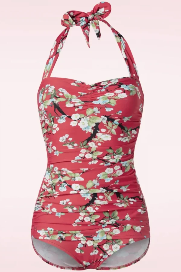 Hot Esther Williams Blossom One Piece Halter Badpak In Rood