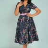 Discount Collectif Clothing Caterina Hollyhocks Hooray Swing Jurk In Marineblauw
