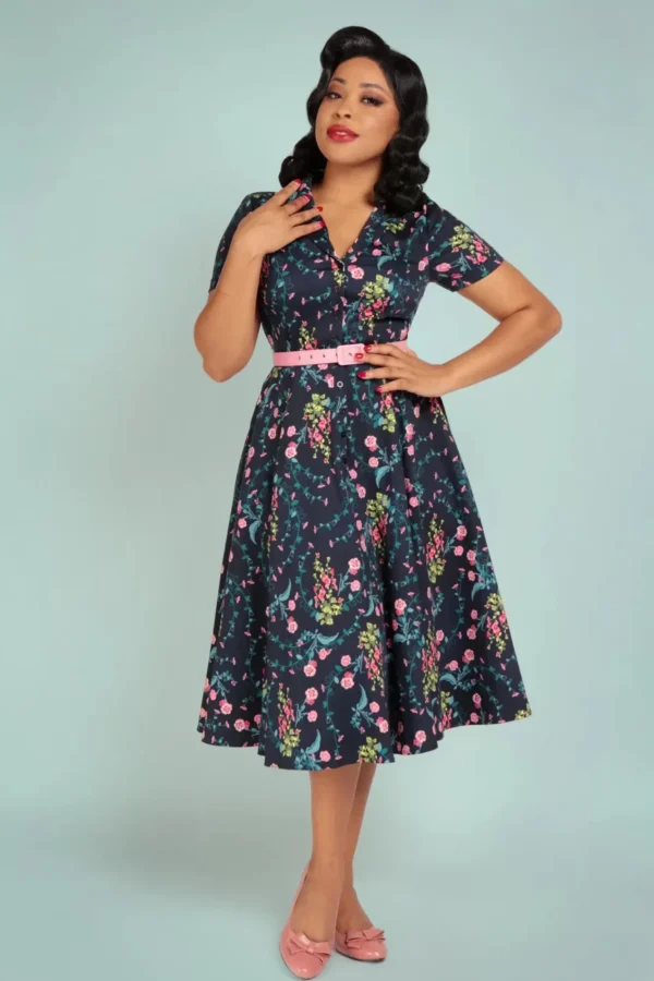 Discount Collectif Clothing Caterina Hollyhocks Hooray Swing Jurk In Marineblauw