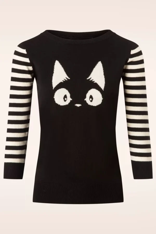 Fashion Mak Sweater Debbie Cat Gestreepte Trui In Zwart