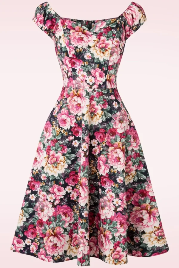 Shop Banned Retro Flower Show Off Shoulder Swing Jurk In Roze