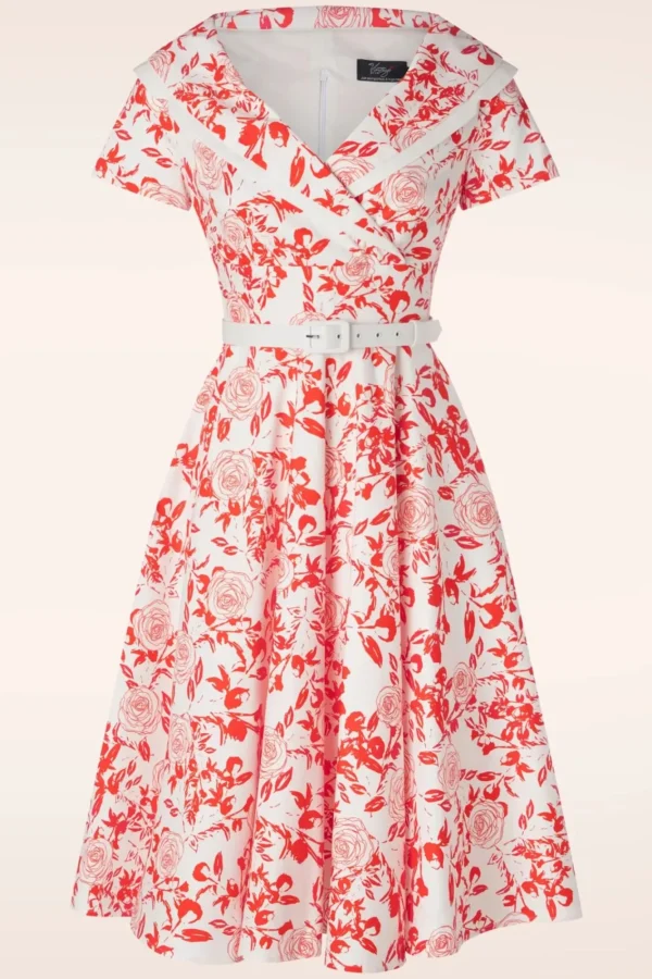 New Vintage Diva Greta Swing Jurk In Wit Met Rode Rozen Print