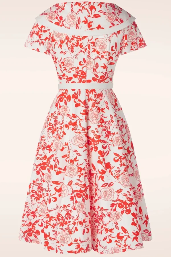 New Vintage Diva Greta Swing Jurk In Wit Met Rode Rozen Print
