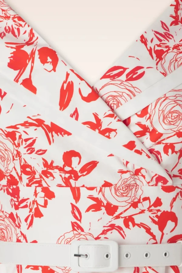 New Vintage Diva Greta Swing Jurk In Wit Met Rode Rozen Print