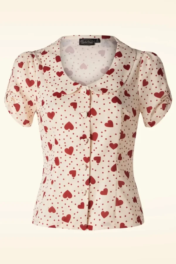 Discount Vixen Heart Polka Dot Collared Top In Creme