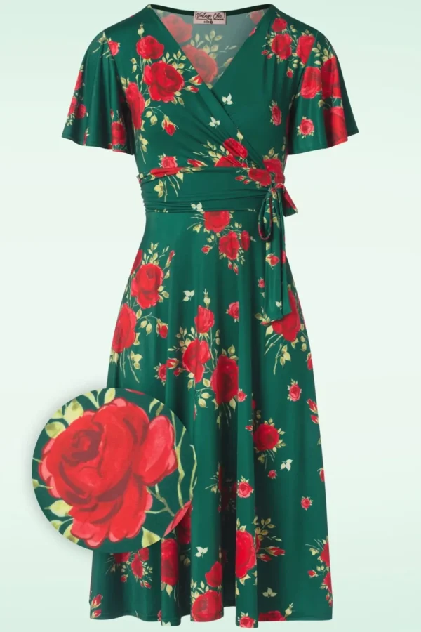 Outlet Vintage Chic for Topvintage Irene Flower Cross Over Swing Jurk In Silky Green