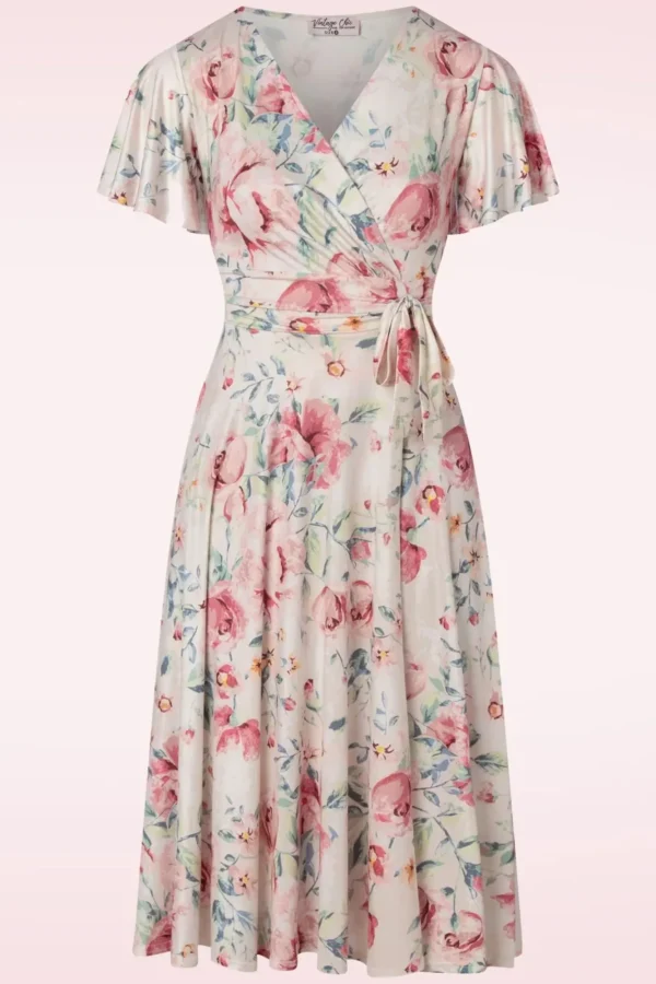 Online Vintage Chic for Topvintage Irene Flower Overslagswingjurk In Zijdeachtig Creme