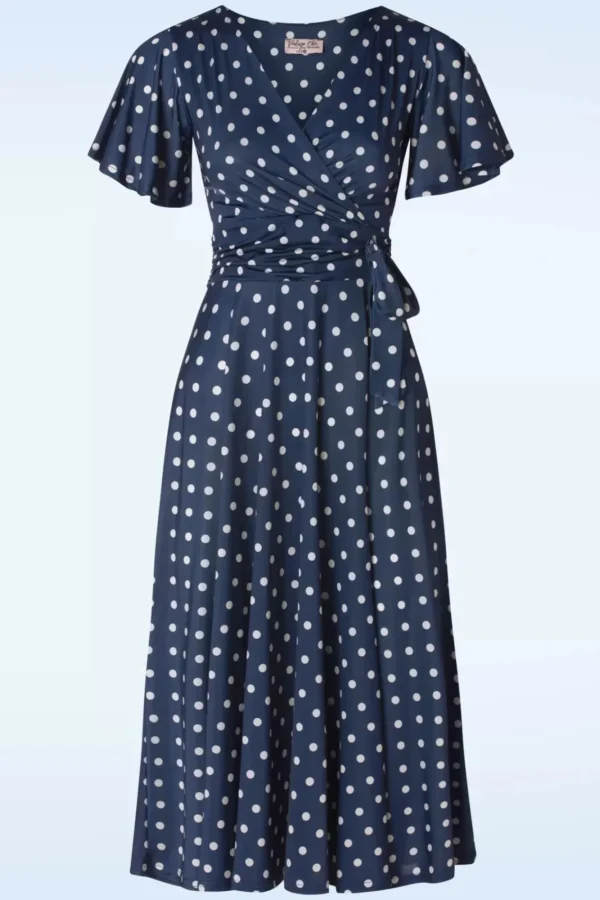 Cheap Vintage Chic for Topvintage Irene Polkadot Cross Over Swing Jurk In Marineblauw