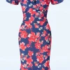 New Vintage Chic for Topvintage Katie Floral Pencil Jurk In Marineblauw En Rood