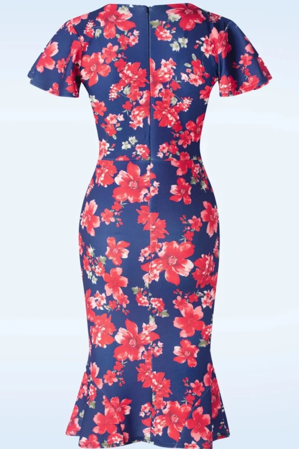 New Vintage Chic for Topvintage Katie Floral Pencil Jurk In Marineblauw En Rood