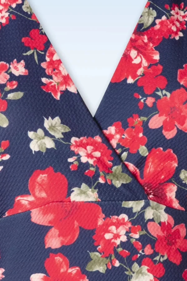 New Vintage Chic for Topvintage Katie Floral Pencil Jurk In Marineblauw En Rood