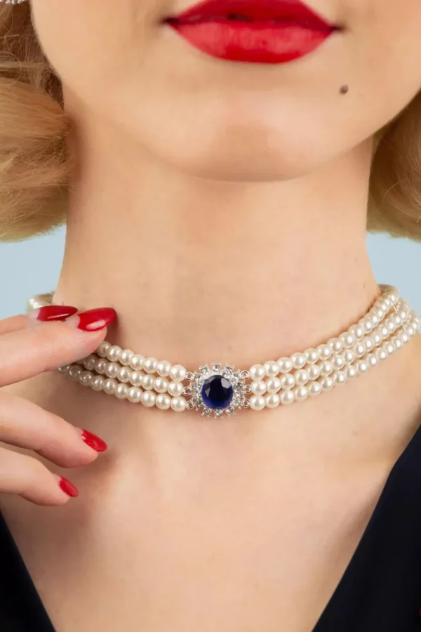 Cheap Lovely Lady Diana Parel Choker Ketting In Saffierblauw