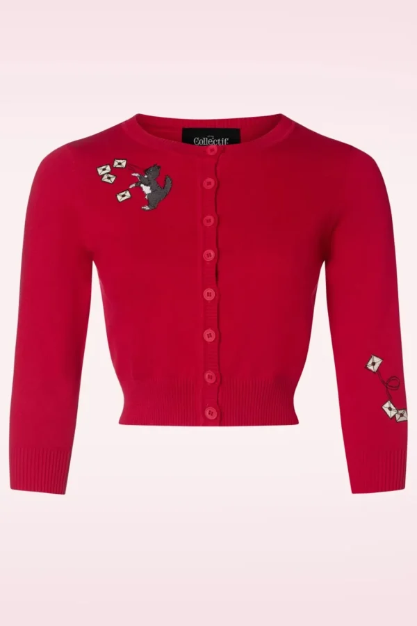 Outlet Collectif Clothing Lucy Posty Cat Cardigan In Rood