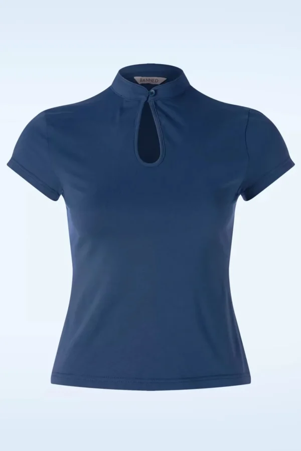 Flash Sale Banned Retro Mandarin Collar Top In Marineblauw