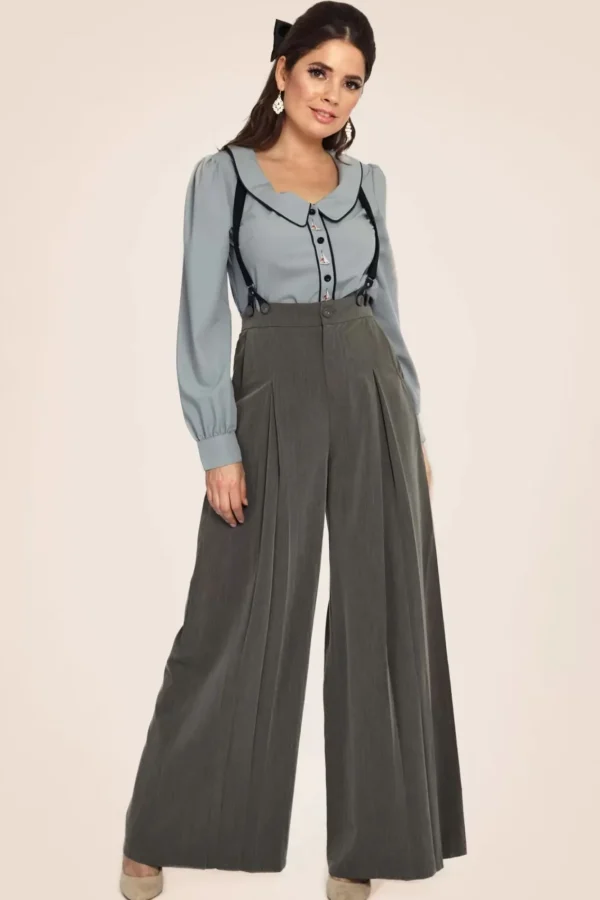 Shop Vixen Martha Krijtstreepbroek Met Bretels In Grijs