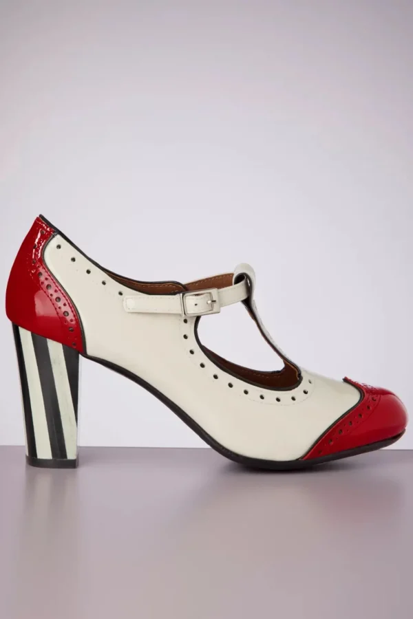 Hot Nemonic Ojo T-Strap Pumps In Creme En Rood