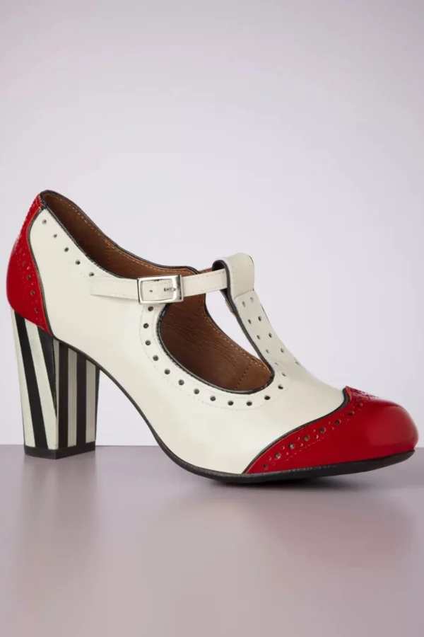 Hot Nemonic Ojo T-Strap Pumps In Creme En Rood