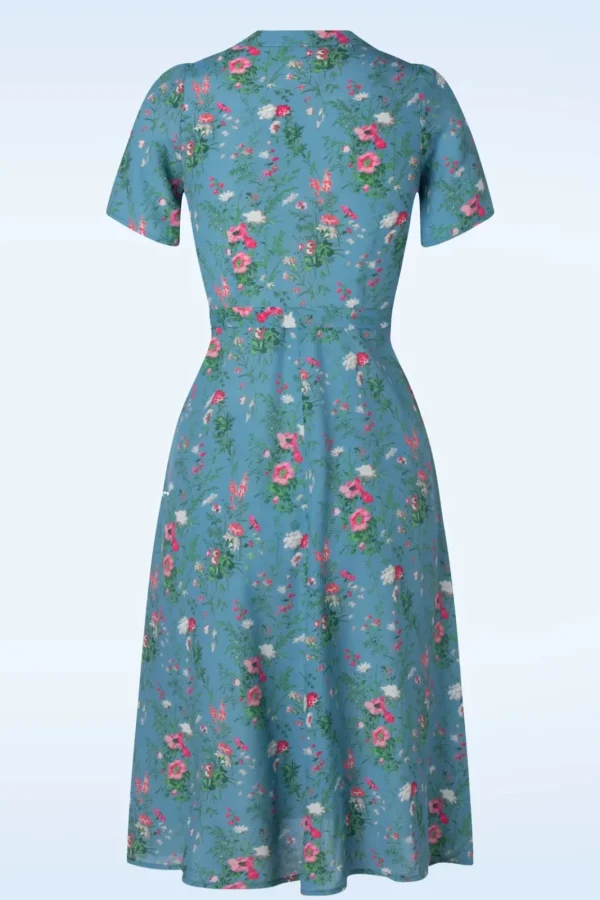 New Very Cherry Revers Fieldbouquet Midi Jurk In Blauw