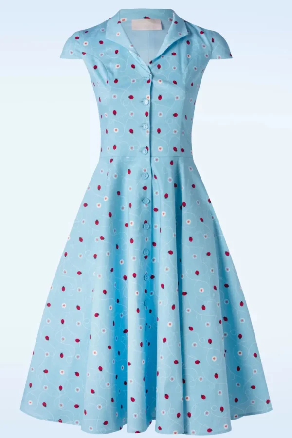 Discount Topvintage Boutique Collection Topvintage Exclusive ~ Angie Swing Jurk In Licht Blauw Met Lieveheersbeestjes Print