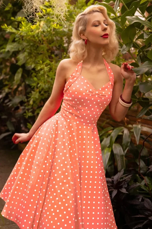 New Topvintage Boutique Collection Topvintage Exclusive ~ Bettie Polka Dot Swing Jurk In Oranje