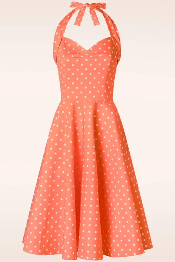 New Topvintage Boutique Collection Topvintage Exclusive ~ Bettie Polka Dot Swing Jurk In Oranje