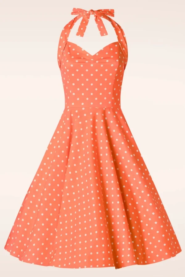 New Topvintage Boutique Collection Topvintage Exclusive ~ Bettie Polka Dot Swing Jurk In Oranje