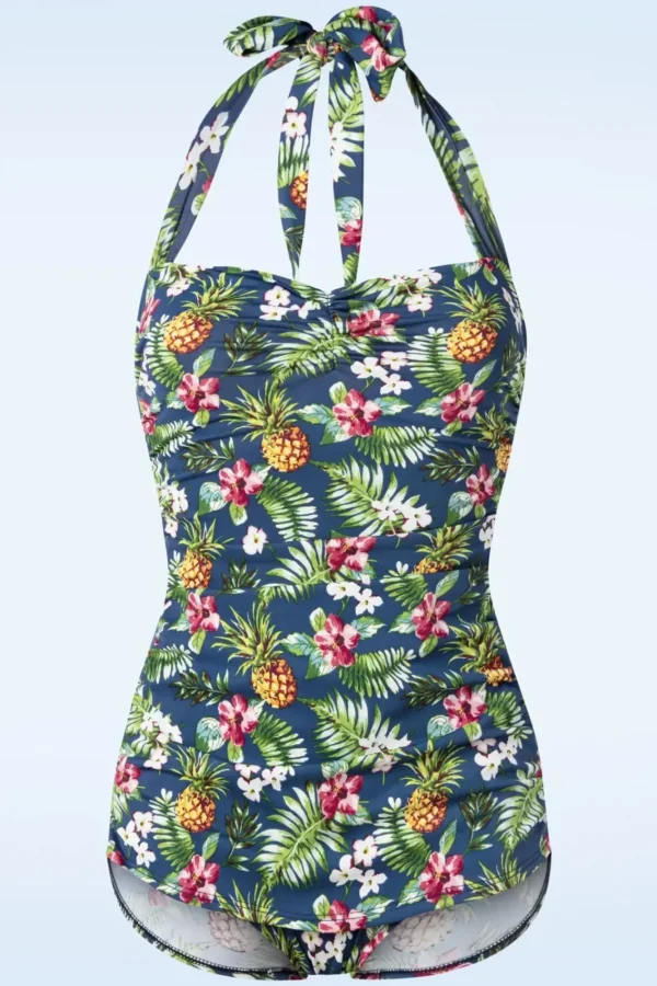 Store Esther Williams Tropical One Piece Halter Badpak In Blauw